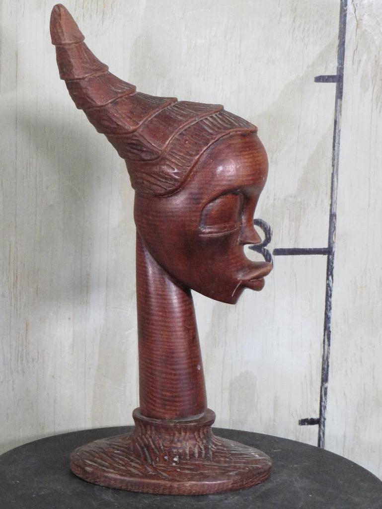 Carved Wood African Lady Head signed "Thermez" AFRICAN DECOR