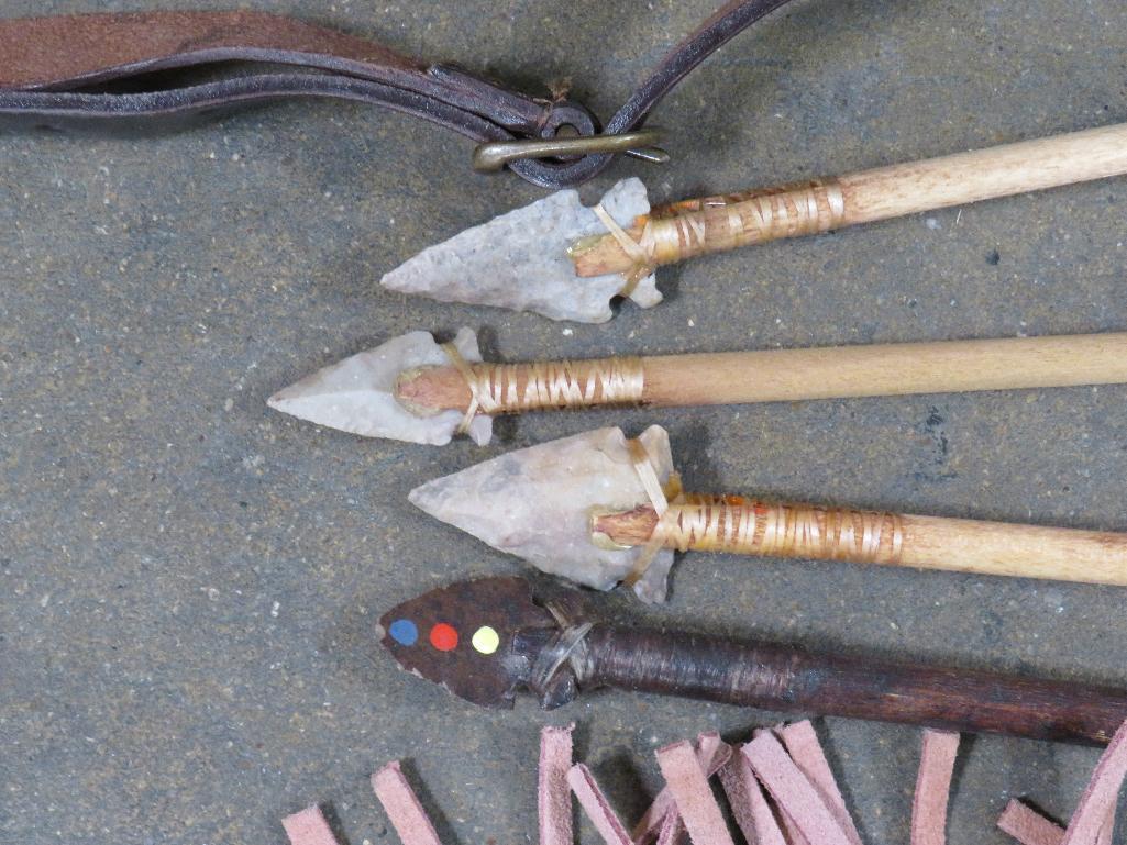 4 Contemporary Indian Arrows w/quivers & Knife (Swiss made) w/beaded scabbard