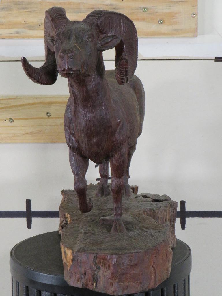 Big/Beautiful Hand Carved Wood Statue of Big Horn Ram ART