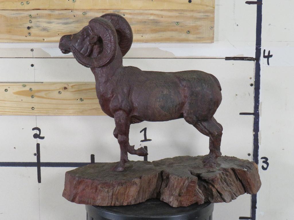 Big/Beautiful Hand Carved Wood Statue of Big Horn Ram ART