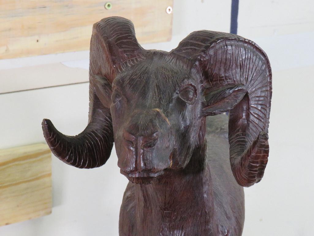 Big/Beautiful Hand Carved Wood Statue of Big Horn Ram ART