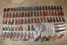 (100) *Brand New* Damascus Steel and Carbon Steel Knives with Leather Sheaths (ONE$)