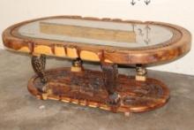Hand-carved Wood Coffee Table with the "Big 5" and a Glass Top