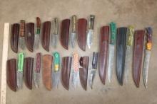 (13) *New* Damascus Steel Fixed Blade KNIVES with custom Leather Sheaths (ONE$)