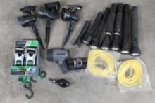 (7) Flashlights, (3) Solar Lights, Hatchet Straps, Spotlight, and Hand air pump (ONE$)