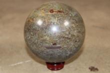 3 lb Polished BAMBOO JASPER Sphere with a Wood Display Stand