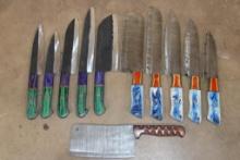 (10) *New* Damascus Steel Chef KNIVES, (2 different sets of 5) and 1 Butcher KNIFE (ONE$)
