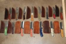 (15) *New* Damascus Steel Knives with Leather Sheaths (ONE$)