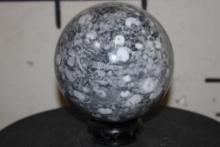 Big and *Rare* 9 lb CRINOID, AMMONITE and ORTHOCERAS Fossil Sphere with a Hand-carved Wooden Display