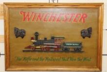 Vintage "Winchester" and "Union Pacific" Hand-painted Wooden Advertisement Sign with Carved Details