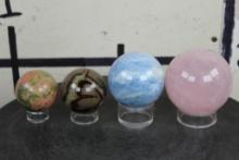 (4) Semi-Precious Polished MINERAL Spheres with Plastic Ring Stands (ONE$)