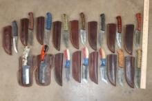 (10) *New* Damascus Steel Fixed Blade KNIVES and (5) *New* Carbon Steel Knives with Leather Sheaths