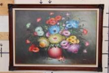 Original Floral Still Life Oil Painting by artist "Louis" in a Wooden Frame