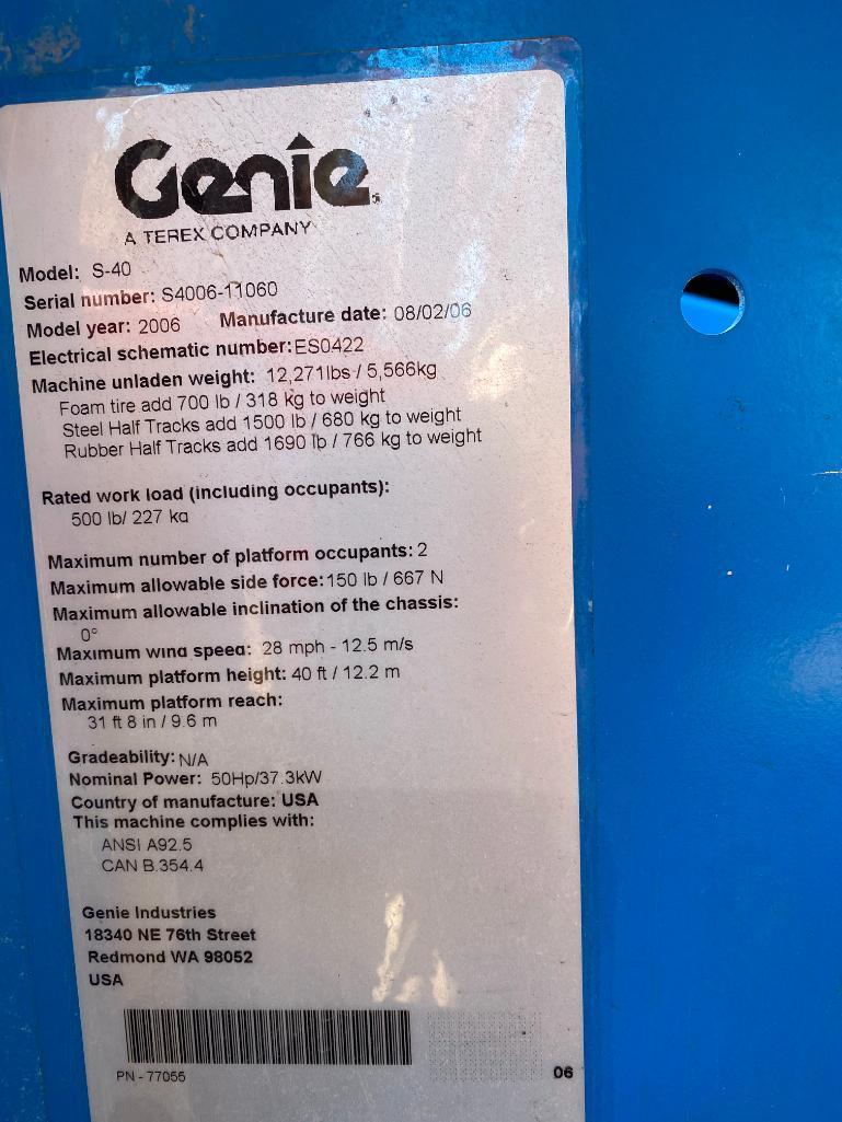 Genie S-40 Rough Terrain Boom Lift (S/N S4006-11060, Year 2006), with 40' Platform Height, 500 Lb.