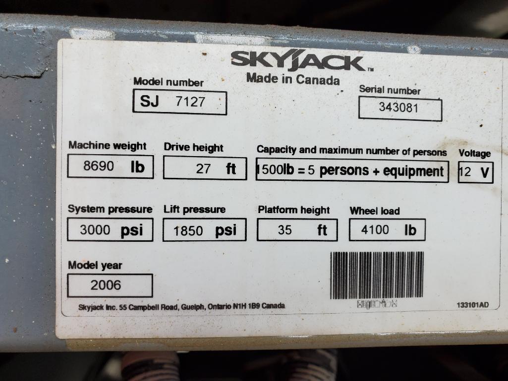 Skyjack SJ7127 Rough Terrain Scissor Lift (S/N 343081, Year 2006), with 33' Working Height, 27'