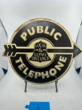 Vintage Round Metal "Public Telephone" w/ Arrow Sign - 17" Wide