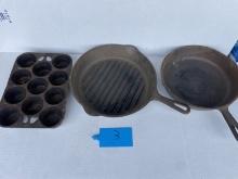 Lot of 2 Cast Iron Pans and 1 Muffin Tray