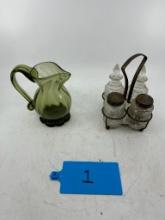 Vintage Small Glass Pitcher and Salt/Pepper Shakers and Caddy