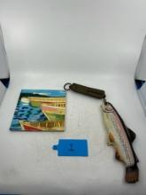 Vintage Frary Hanging Fish Scale and 8" x 8" Painted Boat Tile