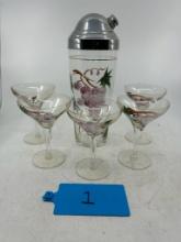 Glass Martini Shaker and 5 Hand Painted Matching Glasses
