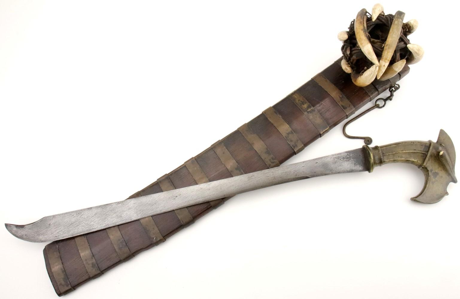 Very Rare 19th C. Indonesian Nias Sumatra BALATO Sword ~ Alligator Teeth Mounts ~ Museum Number on S