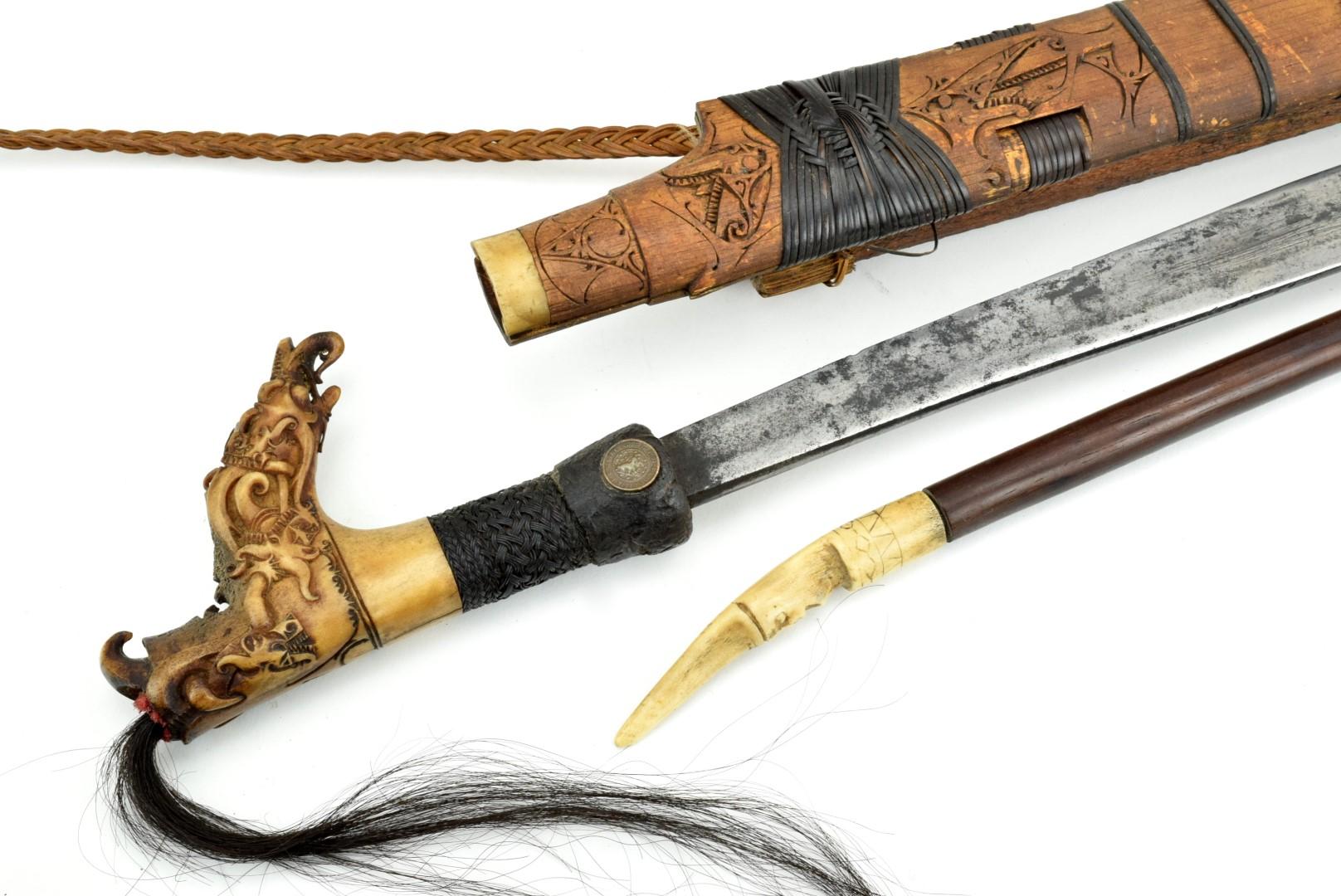 Fine 19th - early 20th C. Indonesian MANDAU Parang Ihlang Sword ~ Impressive Carved Grip & Gold Inla
