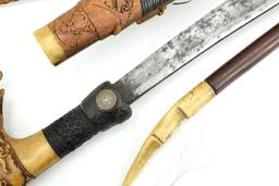 Fine 19th - early 20th C. Indonesian MANDAU Parang Ihlang Sword ~ Impressive Carved Grip & Gold Inla