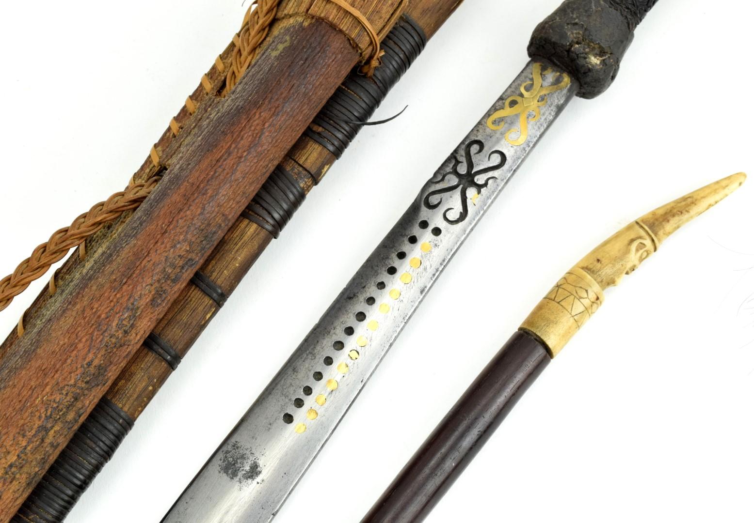 Fine 19th - early 20th C. Indonesian MANDAU Parang Ihlang Sword ~ Impressive Carved Grip & Gold Inla