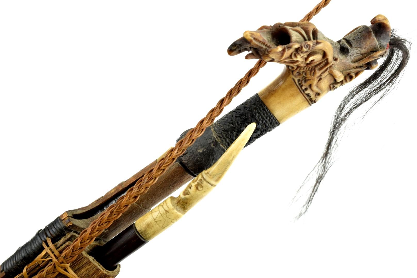 Fine 19th - early 20th C. Indonesian MANDAU Parang Ihlang Sword ~ Impressive Carved Grip & Gold Inla