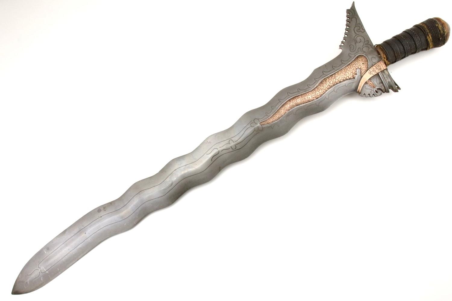 Rare 19th C. Philippine Naga Sulu Moro KRIS Sword ~ Unique Copper Inlaid Blade