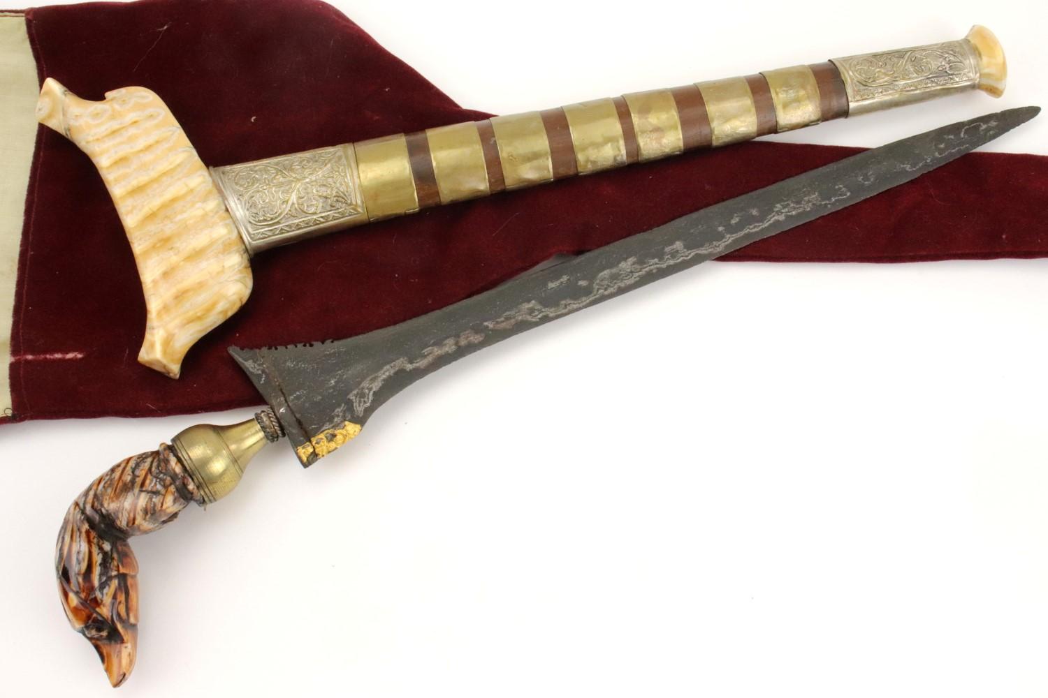 Very Rare Indonesian Sumatra KERIS Dagger in Fossil Mammoth Tooth mounts ~ Early Blade with Gold.