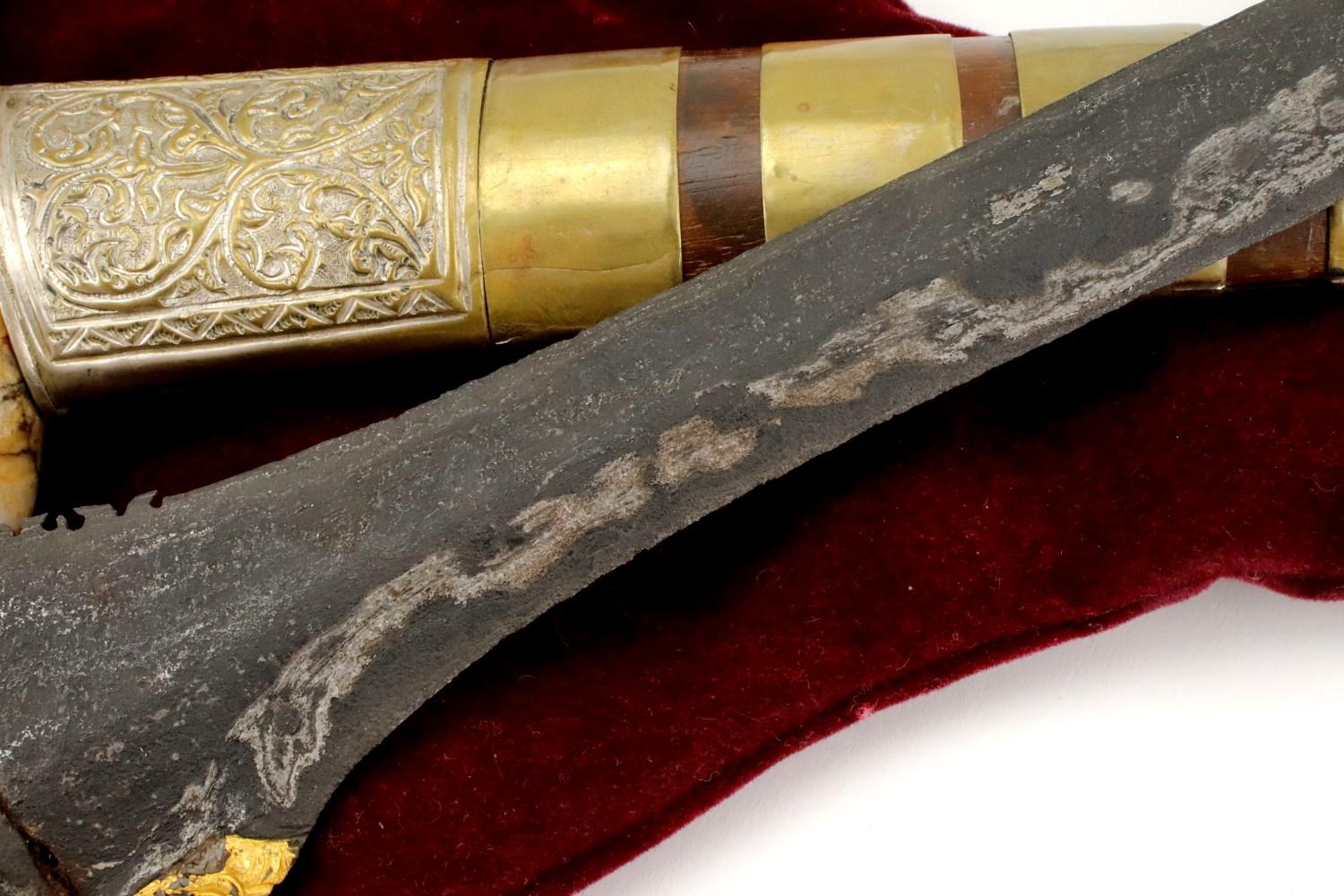Very Rare Indonesian Sumatra KERIS Dagger in Fossil Mammoth Tooth mounts ~ Early Blade with Gold.