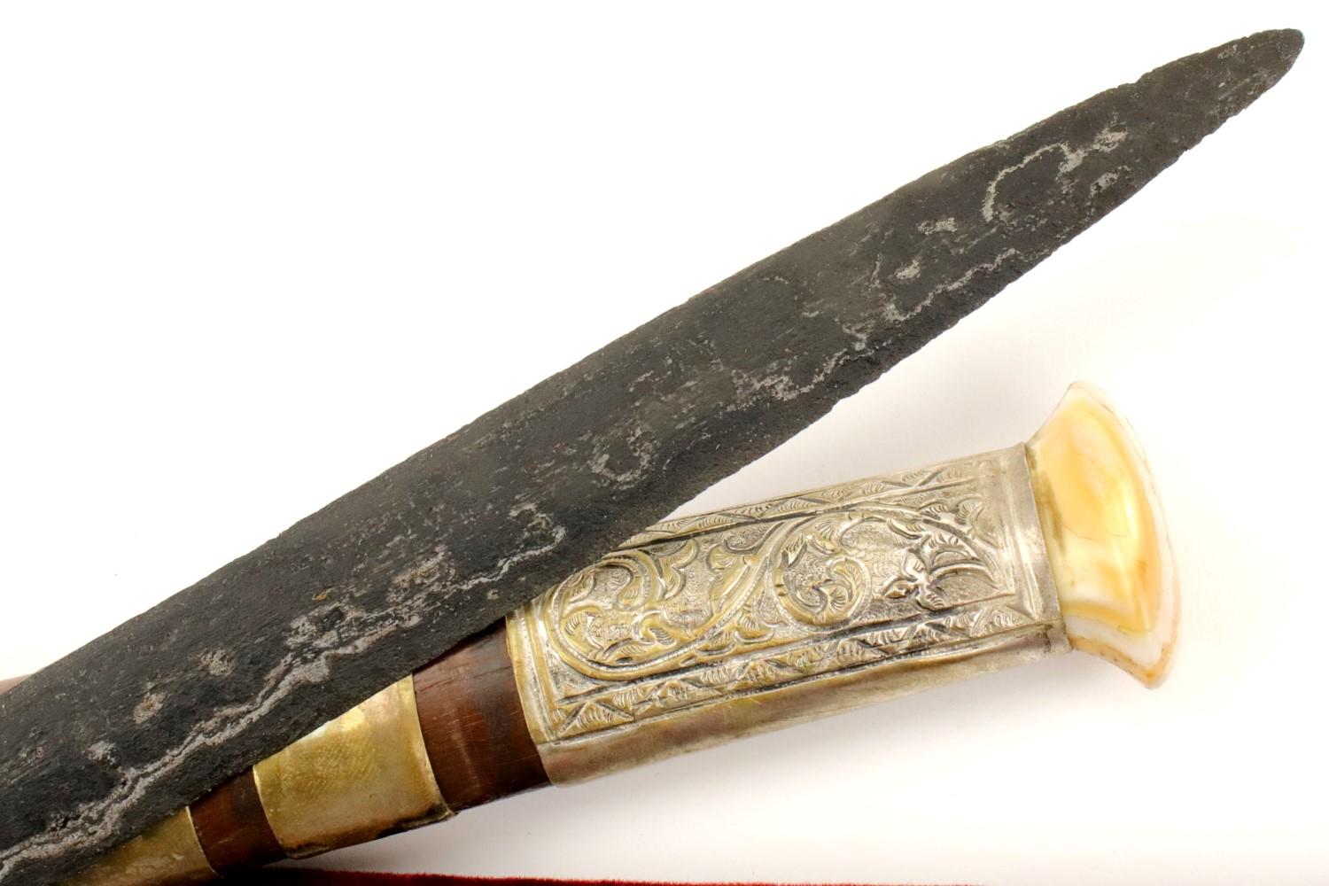 Very Rare Indonesian Sumatra KERIS Dagger in Fossil Mammoth Tooth mounts ~ Early Blade with Gold.