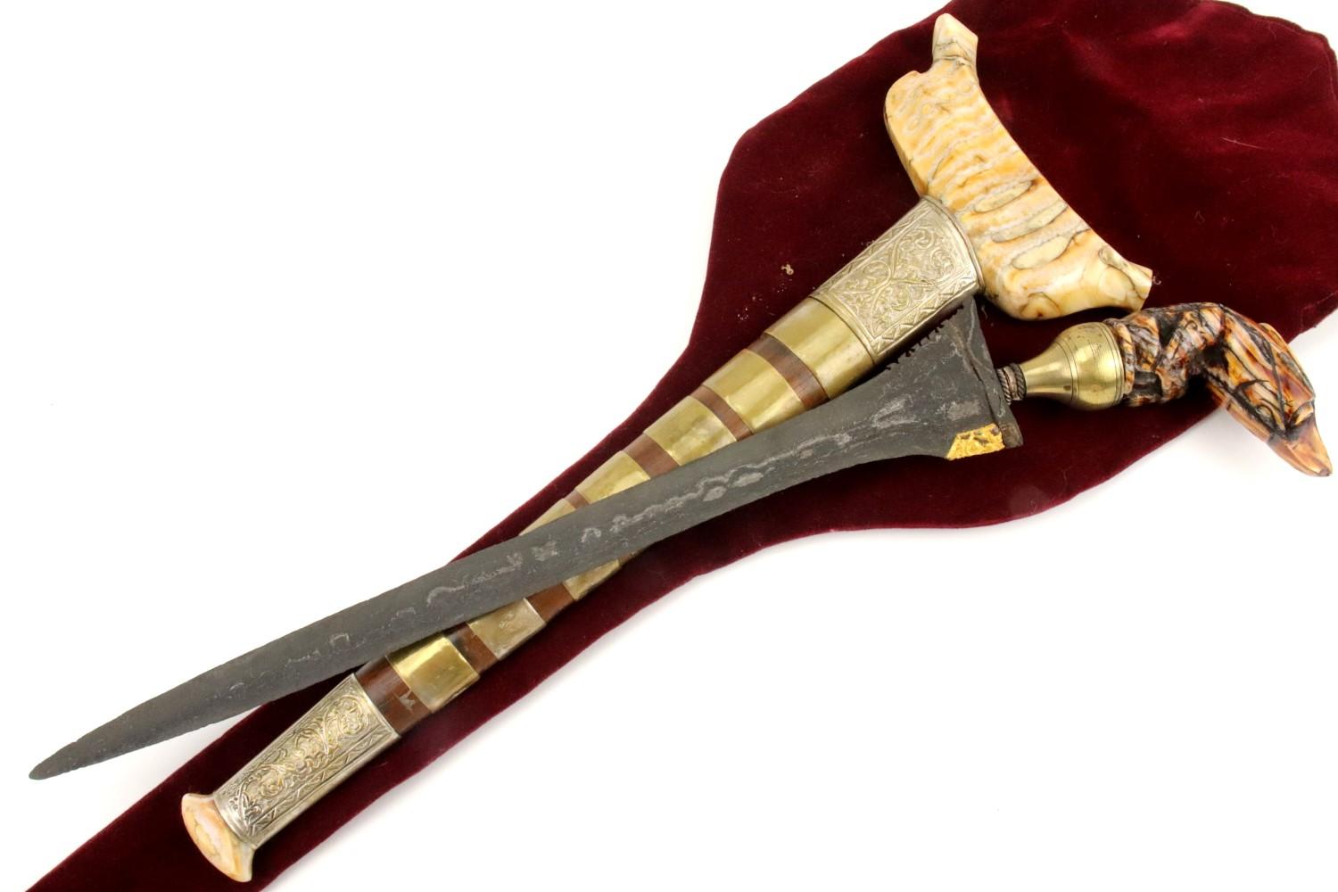 Very Rare Indonesian Sumatra KERIS Dagger in Fossil Mammoth Tooth mounts ~ Early Blade with Gold.