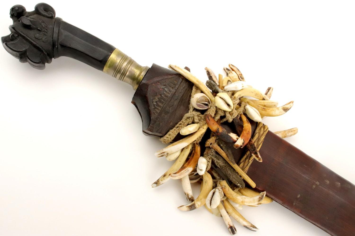 Rare 19th - early 20th C. Indonesian Nias BALATO Sword (telugu, balatu sebua) ~ Animal Teeth & Shell