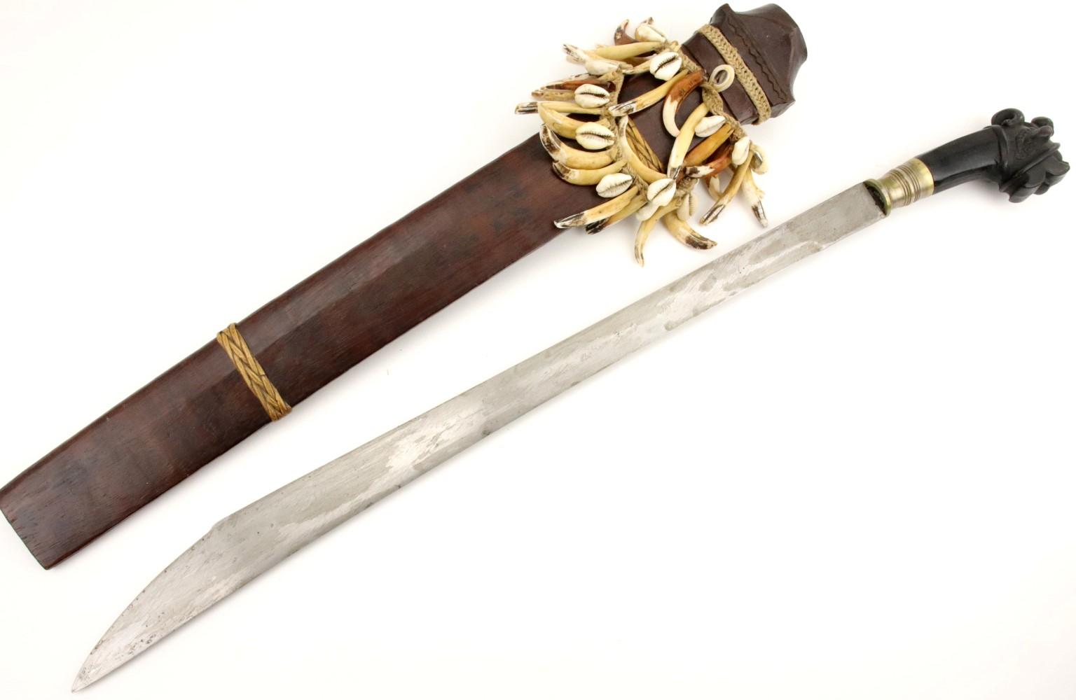 Rare 19th - early 20th C. Indonesian Nias BALATO Sword (telugu, balatu sebua) ~ Animal Teeth & Shell