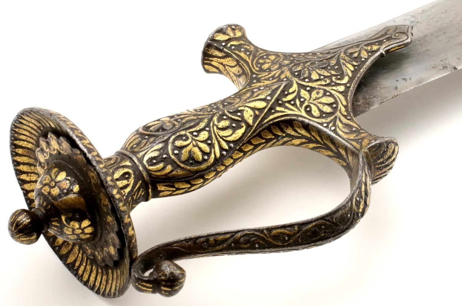 Rare 18th C. Mughal Indian Tulwar Hilted DHUP Sword ~ Actively Patterned Damascus Blade ~ Chiseled &