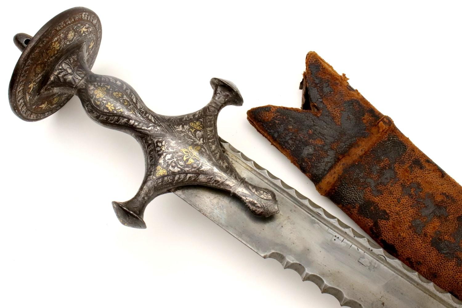 Fine and Rare 18th-19th C. Mughal Indian ZULFIKAR Shamshir Sword with Gold & Silver Damascened Tulwa