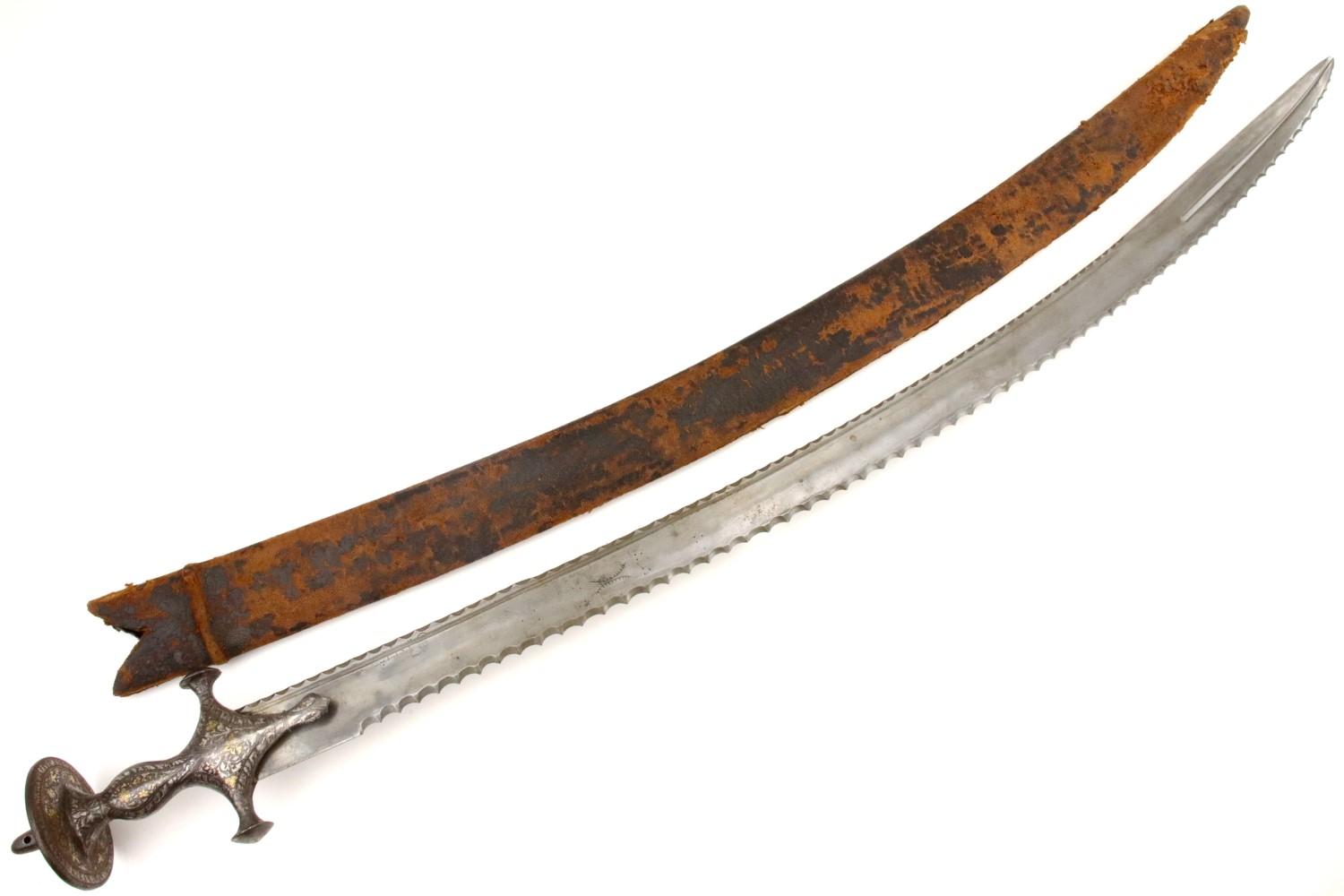 Fine and Rare 18th-19th C. Mughal Indian ZULFIKAR Shamshir Sword with Gold & Silver Damascened Tulwa