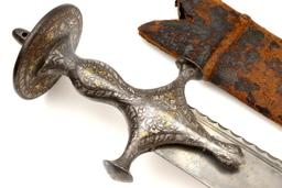 Fine and Rare 18th-19th C. Mughal Indian ZULFIKAR Shamshir Sword with Gold & Silver Damascened Tulwa
