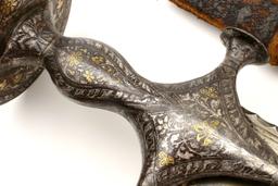 Fine and Rare 18th-19th C. Mughal Indian ZULFIKAR Shamshir Sword with Gold & Silver Damascened Tulwa