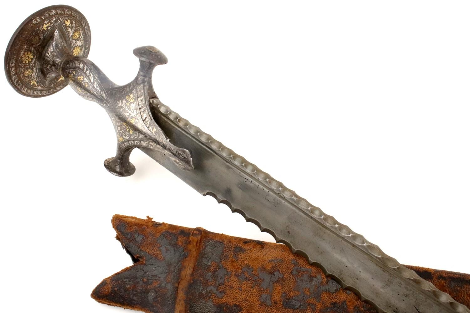 Fine and Rare 18th-19th C. Mughal Indian ZULFIKAR Shamshir Sword with Gold & Silver Damascened Tulwa
