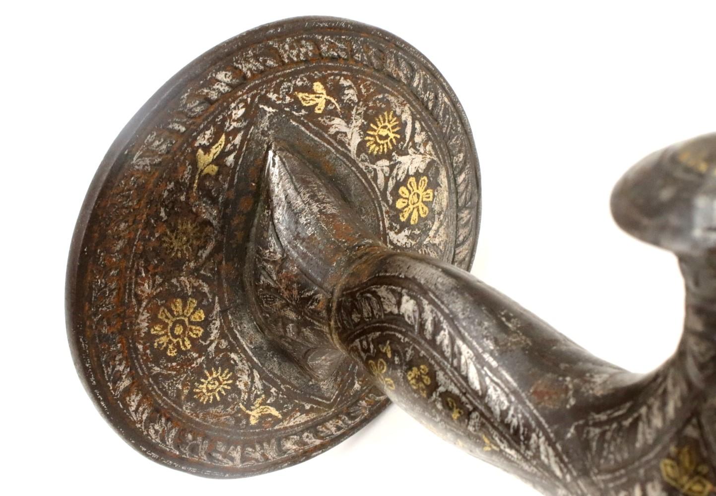 Fine and Rare 18th-19th C. Mughal Indian ZULFIKAR Shamshir Sword with Gold & Silver Damascened Tulwa