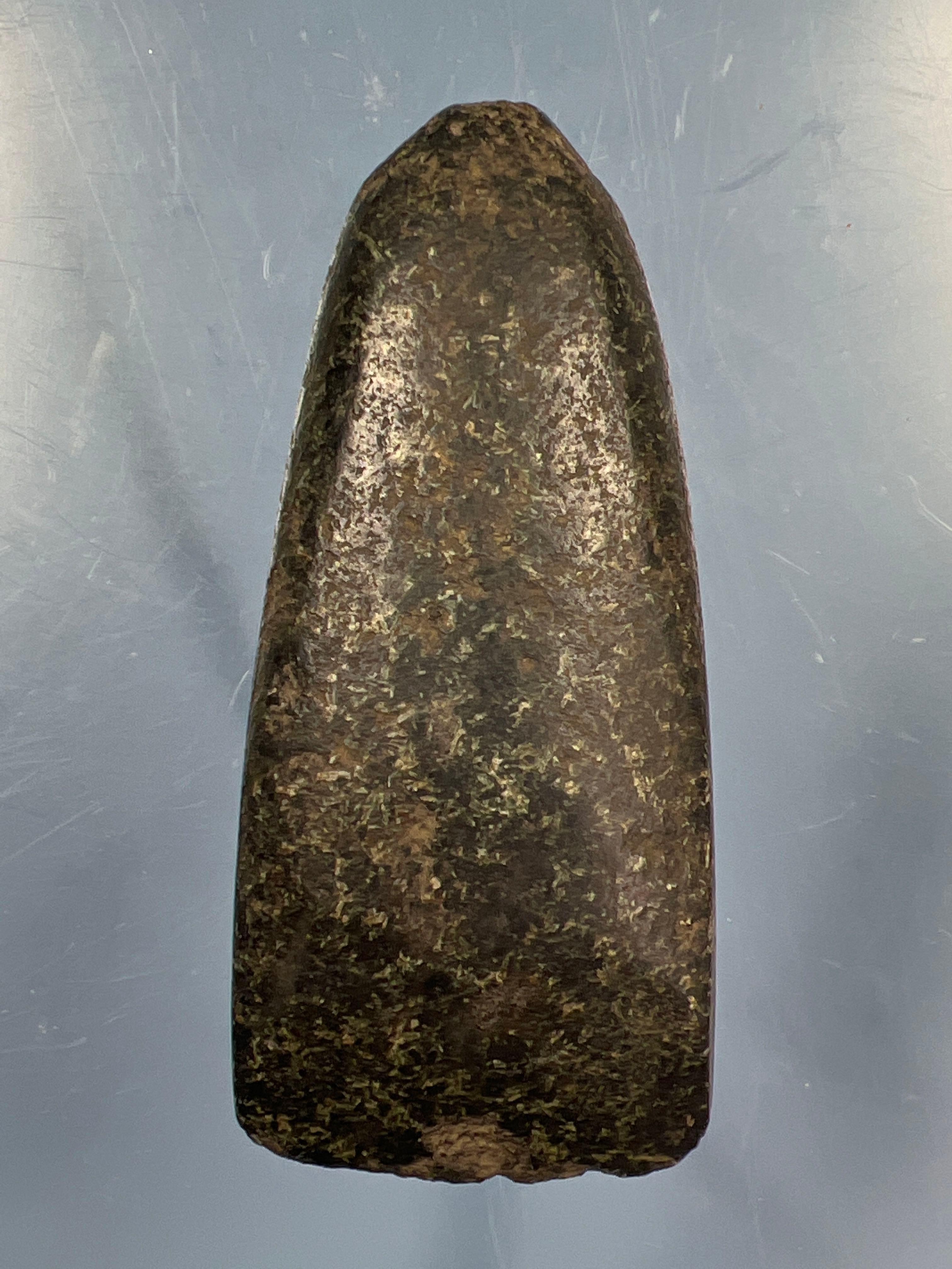 4 1/4" Highly Polished Green Granite Celt, Found in Livingston Co., New York, Several ancient nicks
