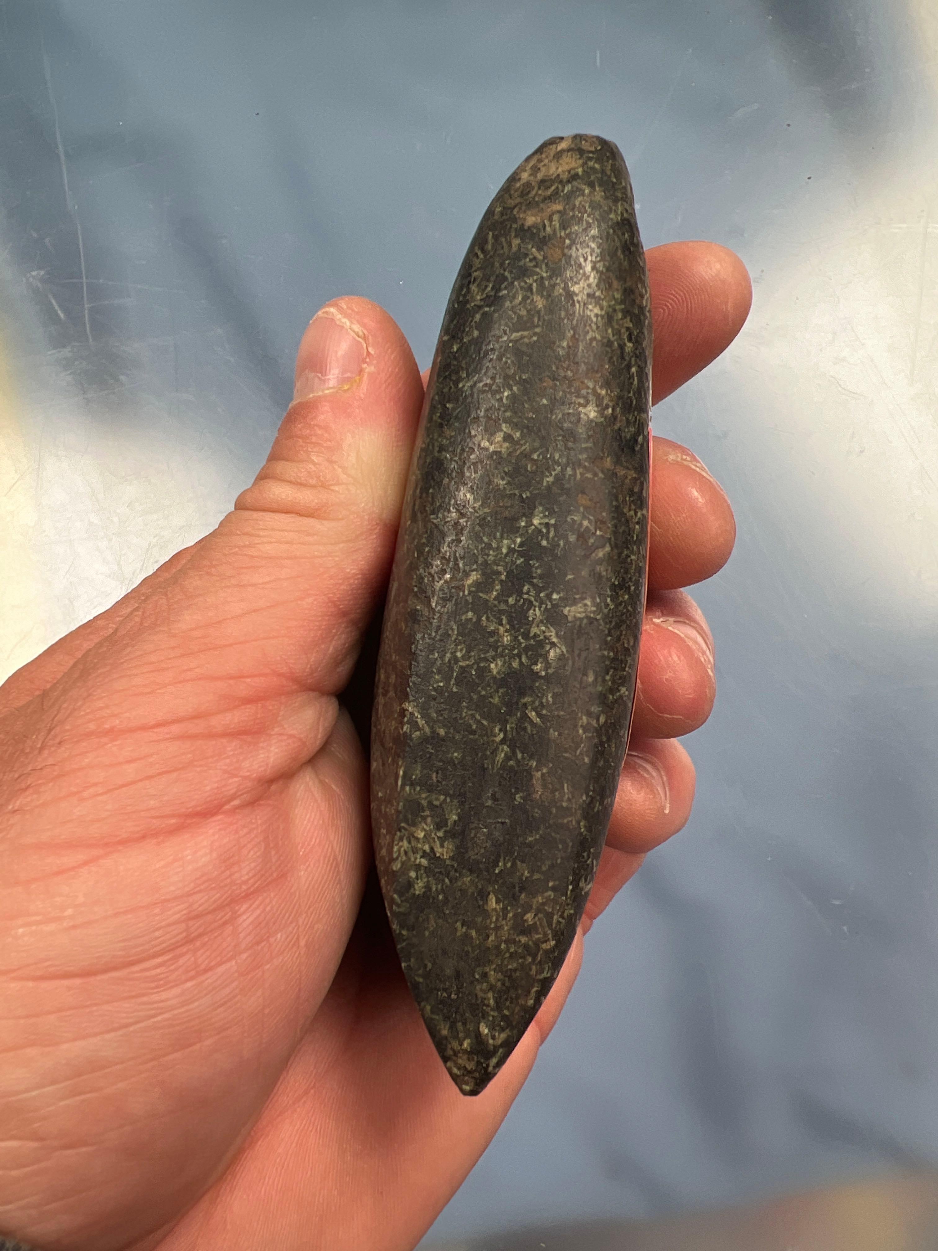 4 1/4" Highly Polished Green Granite Celt, Found in Livingston Co., New York, Several ancient nicks