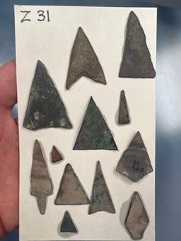 SUPERB Card full of 12 Iroquoian Brass Triangle Points, Various Sites in New York- Longest 1 7/8