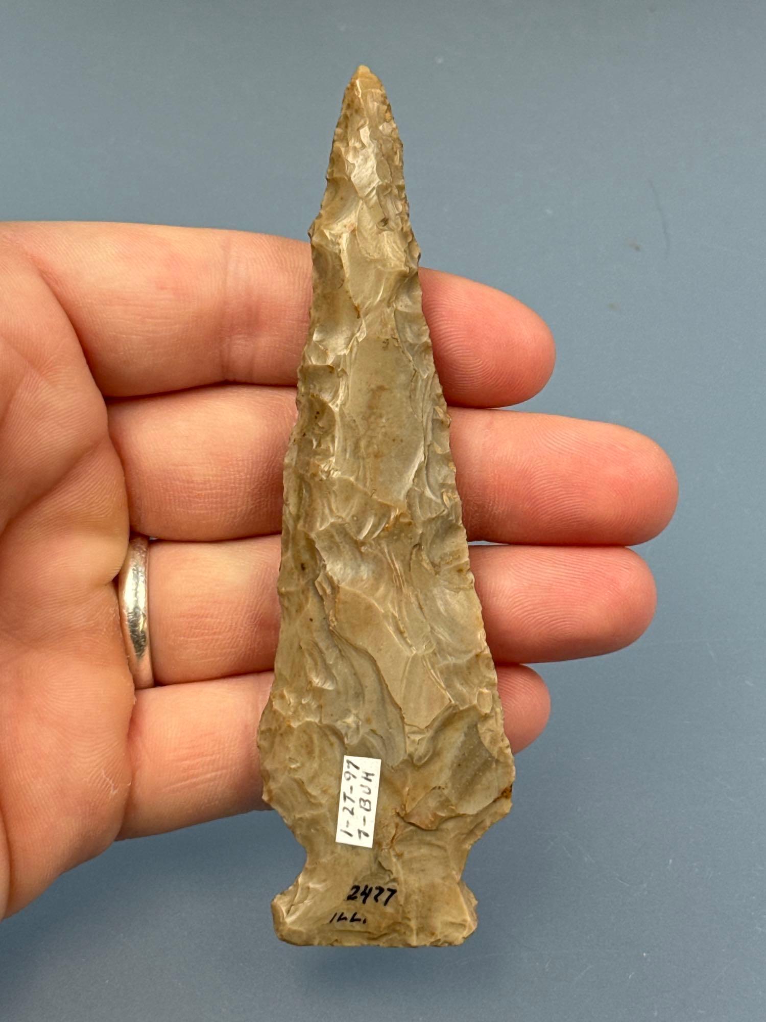 Large 4 7/8" Glossy Flint Point, Side Notch, Excellent Example, Found in Illinois, Purchased by Walt