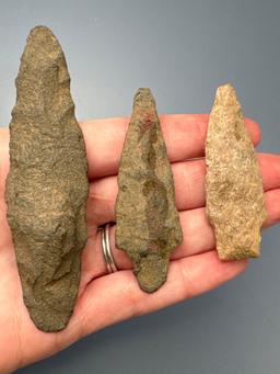 Lot of 3 Archaic Stem Points, Quartzite, Siltstone, Found in Northampton Co., PA, Longest is 3 5/8",