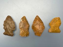 Lot of 4 Jasper Points, Longest is 1 3/8", Found in Northampton Co., PA, Ex: Burley Museum Collectio