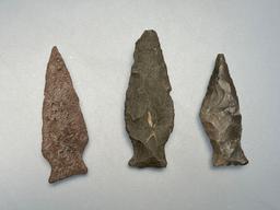 Lot of 3 Fishtail Points, Found in Various Locations in PA, Longest is 2"